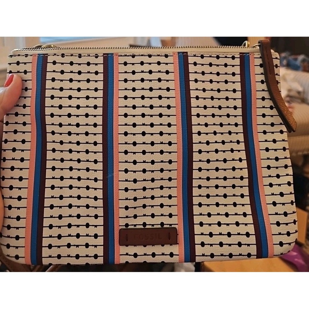 FOSSIL Crossbody Shoulder Bag Devon Ivory Multi Stripe Purse Double Zip Closure